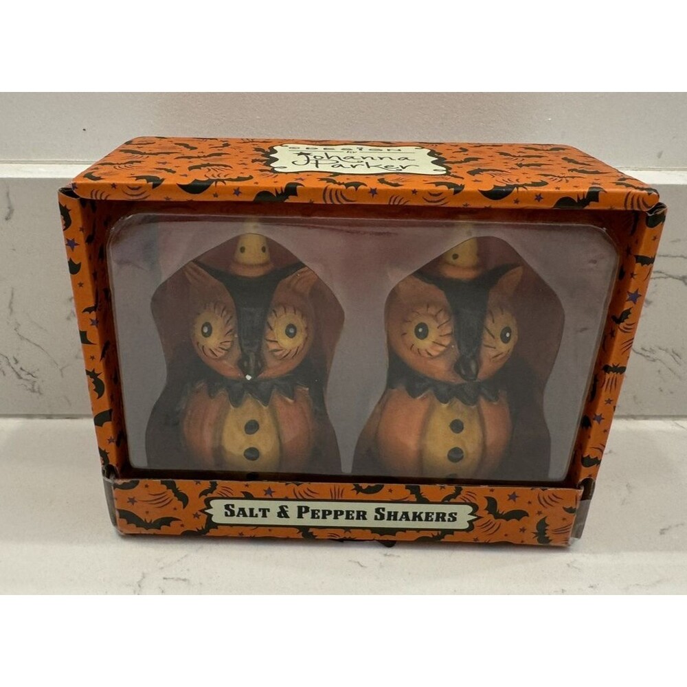 Johanna Parker Owl Halloween Fall Salt & Pepper Shaker Set Vintage Style NEW
